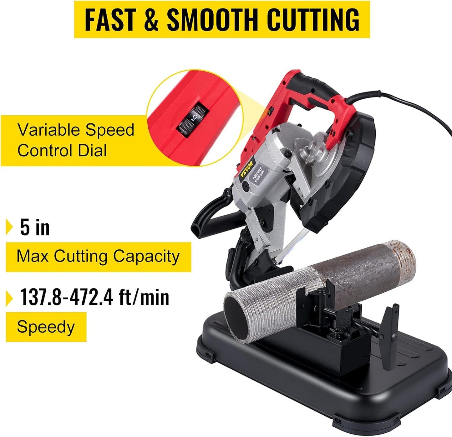 Portable Band Saw, 110V Removable Alloy Steel Base Corded Band Saw, 5 Inch Cutting Capacity Hand held Band Saw,Variable Speed Portable Bandsaw, 10Amp Motor Deep Cut Band saw for Metal Wood