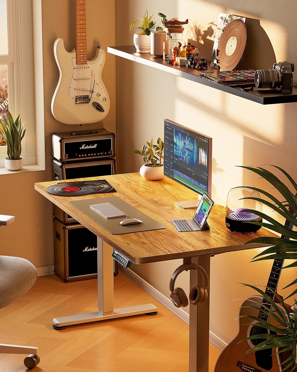 Height Adjustable Electric Standing Desk, 40 x 24 Inches Sit Stand up Desk, Small Memory Computer Home Office Desk with Two-Piece Desktop (Light Vintage Brown)