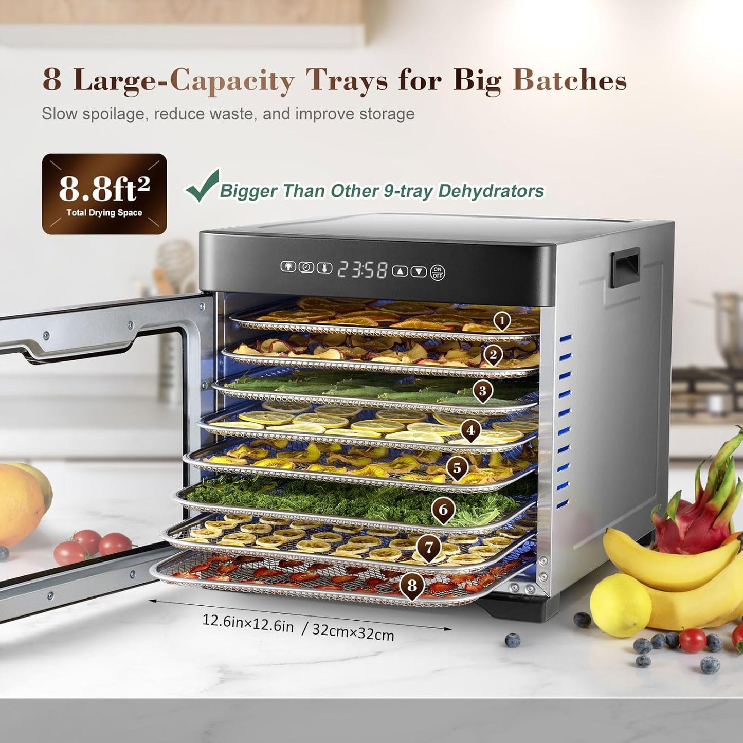 Commercial Large 12 Trays Food Dehydrator, Usable Area up to 22.67ft, 1200W Full Stainless Steel Dryer Machine, up to 190�� Temperature, for Meat, Fruit, Veggies, Beef, Herbs, Pet Foods