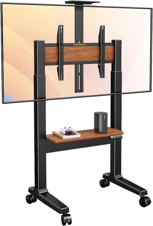 Motorized Mobile TV Stand on Wheels for 37��86 Inch TVs up to 154 lbs, Electric Height Adjustable Rolling TV Stand, VESA 200x200��600x400mm, Wooden Shelf & Panel, PGTVMC26B