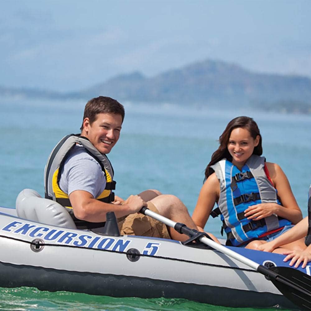 Excursion Inflatable Boat Series: Includes Deluxe 54in Boat Oars and High-Output Pump �� SuperTough PVC �� Adjustable Seats with Backrest �� Fishing Rod Holders �� Welded Oar Locks