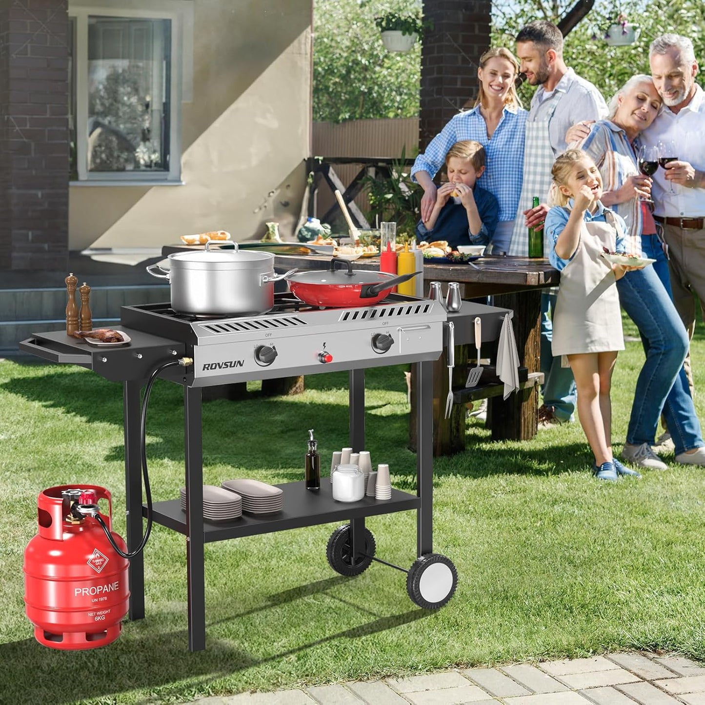 2 Burner Outdoor Propane Gas Stove with Griddle, Auto-ignition, Regulator & Side Shelves, 150,000 BTU Powerful Stand Cooker for Backyard Cooking Home Brewing Canning Frying Grilling