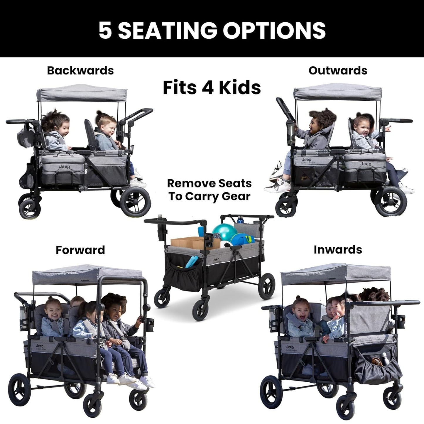 Luxurious 4-seater children's stroller - A high-end 4-seater children's stroller specially designed for 4 children, equipped with convertible seats, adjustable push-pull handles, detachable sunshade, and flat folding device. The color is grey.