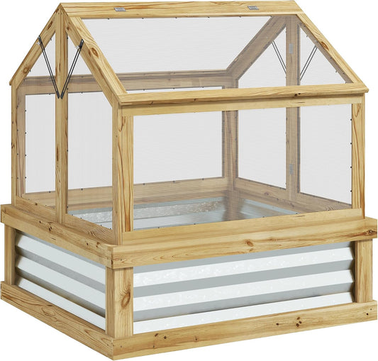Raised Garden Bed with Polycarbonate Greenhouse, Wooden Cold Frame Greenhouse, Garden Flower Planter Protection, Peak Roof, 35.5" x 31.5" x 36", Natural