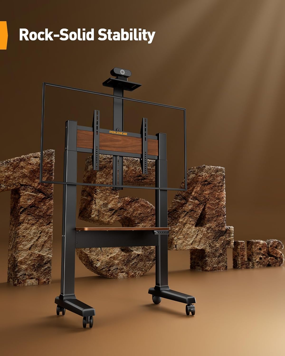 Motorized Mobile TV Stand on Wheels for 37��86 Inch TVs up to 154 lbs, Electric Height Adjustable Rolling TV Stand, VESA 200x200��600x400mm, Wooden Shelf & Panel, PGTVMC26B