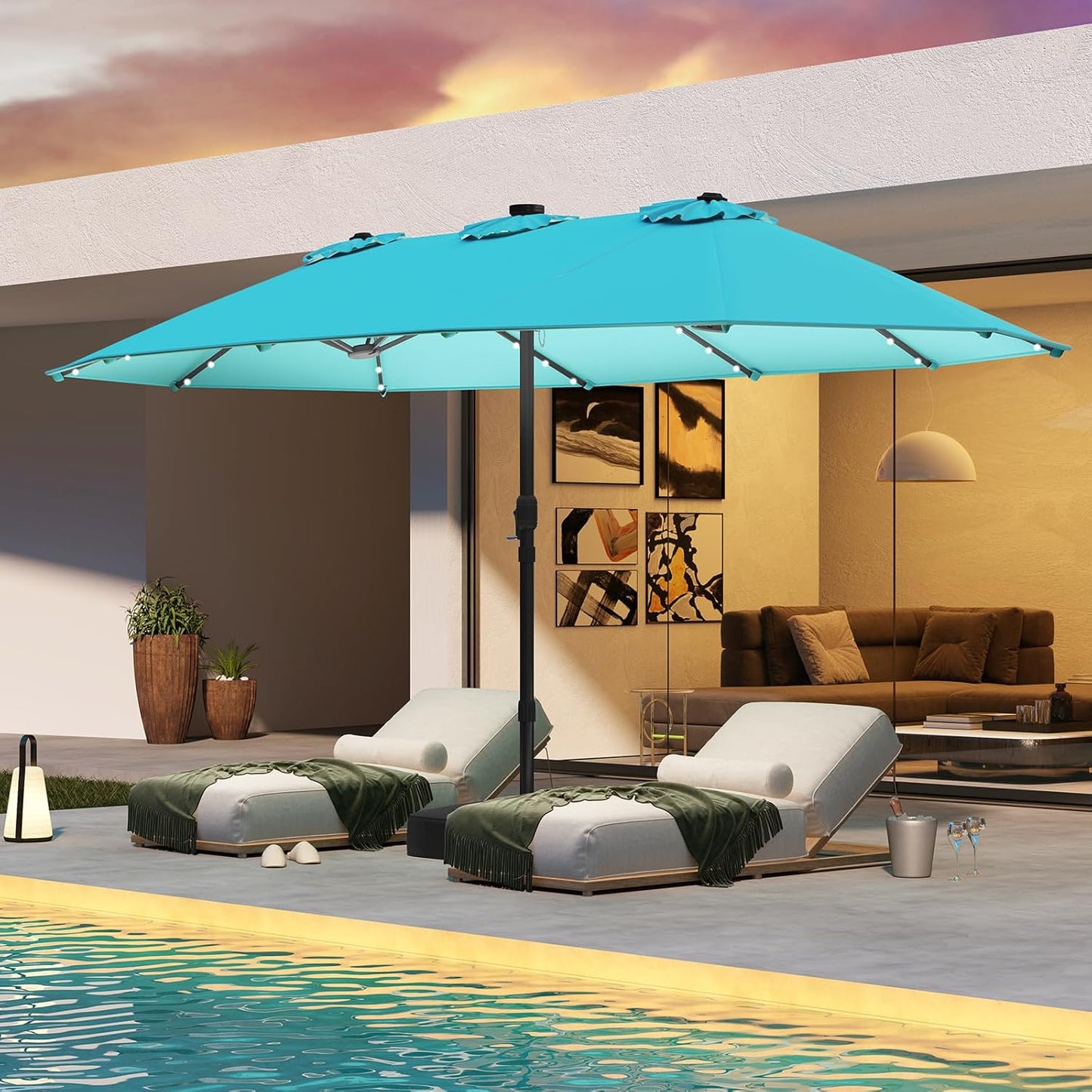 15-foot double-sided courtyard sunshade umbrella, equipped with solar lights, large-sized canopy / with 48 built-in LED lights and an automatic charging solar panel, outdoor double-person market sunshade umbrella, with heavy-duty base support支架