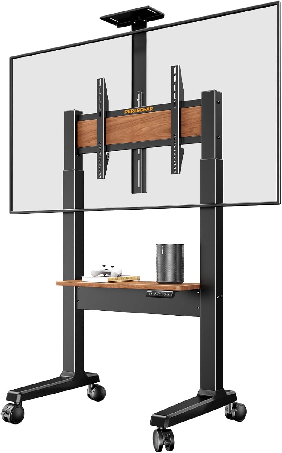 Motorized Mobile TV Stand on Wheels for 37��86 Inch TVs up to 154 lbs, Electric Height Adjustable Rolling TV Stand, VESA 200x200��600x400mm, Wooden Shelf & Panel, PGTVMC26B