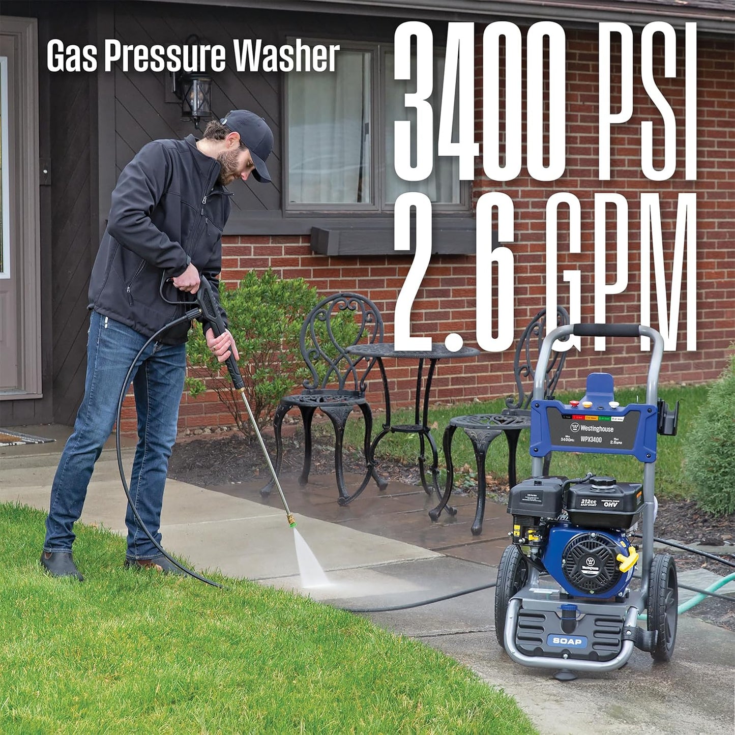 WPX3400 Gas Pressure Washer, 3400 PSI and 2.6 Max GPM, Onboard Soap Tank, Spray Gun and Wand, 5 Nozzle Set, for Cars/Fences/Driveways/Homes/Patios/Furniture