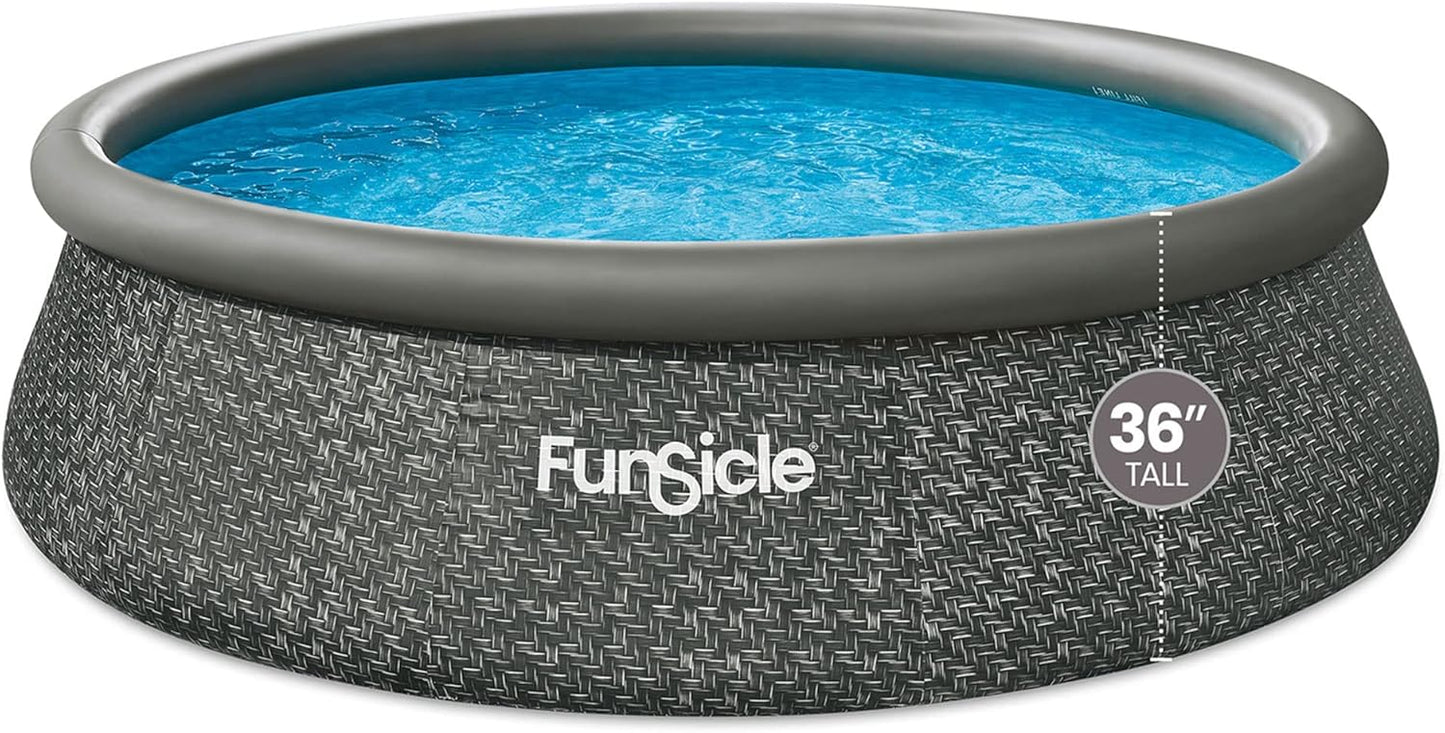 12 Foot by 36 Inch Quickset Round Inflatable Ring Top Outdoor Above Ground Swimming Pool Set with Pump and Cartridge Filter, Dark Herringbone