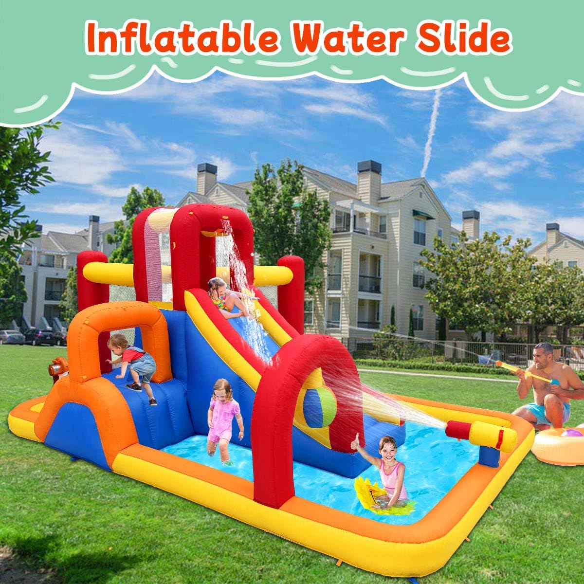 Inflatable Water Slide, 10 in 1 Water Park Bounce House with Blower, Splash Pool, 2 Slides, Water Cannon, Climbing Wall, Blow up Water Slides for Kids Outdoor Backyard