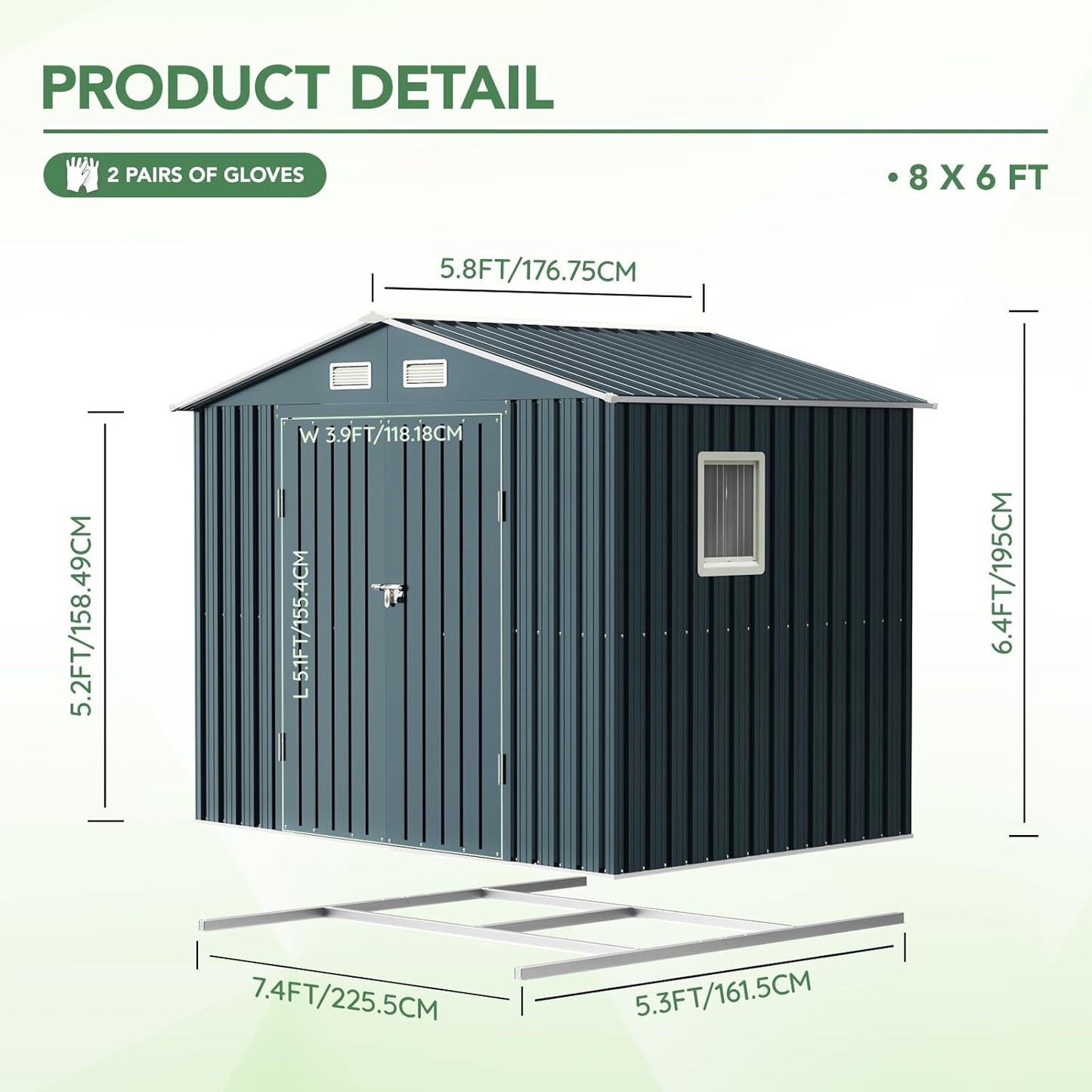 8x6FT Outdoor Steel Storage Shed with Clear Window, Lockable Doors, Weather-Resistant Metal Tool Shed for Garden, Backyard, Patio, and Utility Storage
