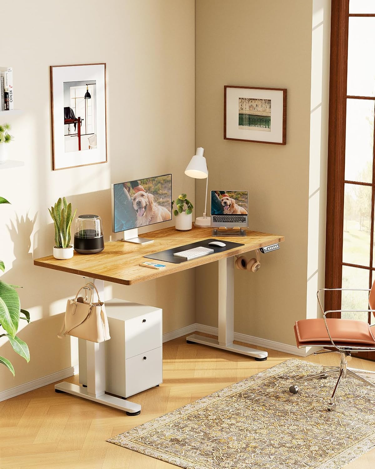 Height Adjustable Electric Standing Desk, 40 x 24 Inches Sit Stand up Desk, Small Memory Computer Home Office Desk with Two-Piece Desktop (Light Vintage Brown)
