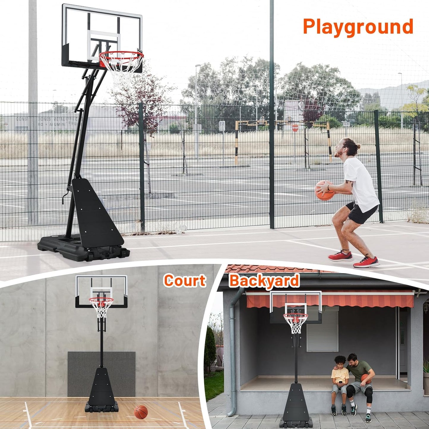 Basketball Hoop 48 Inch Backboard Portable Basketball Hoop Outdoor,5.3-10ft Stepless Regulation Crank Adjust Basketball Goal System