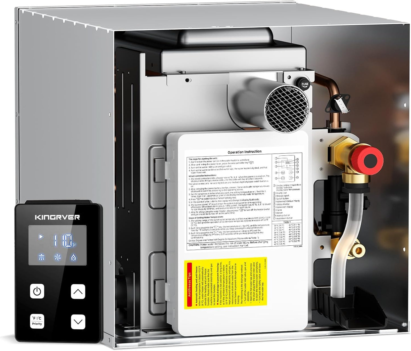 RV Tankless Water Heater without Door, , Propane Gas, DC 12V, 3 Optional Door Sizes 15"x15", 15"x18" and 18"x18" for Refitment, Compatible with All RVs, Sufficient Power, High Altitude