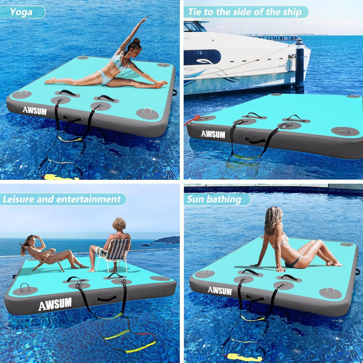 Inflatable Floating Dock Air Dock Platform Floating Island Raft with None-Slip Surface for Pool Beach Ocean
