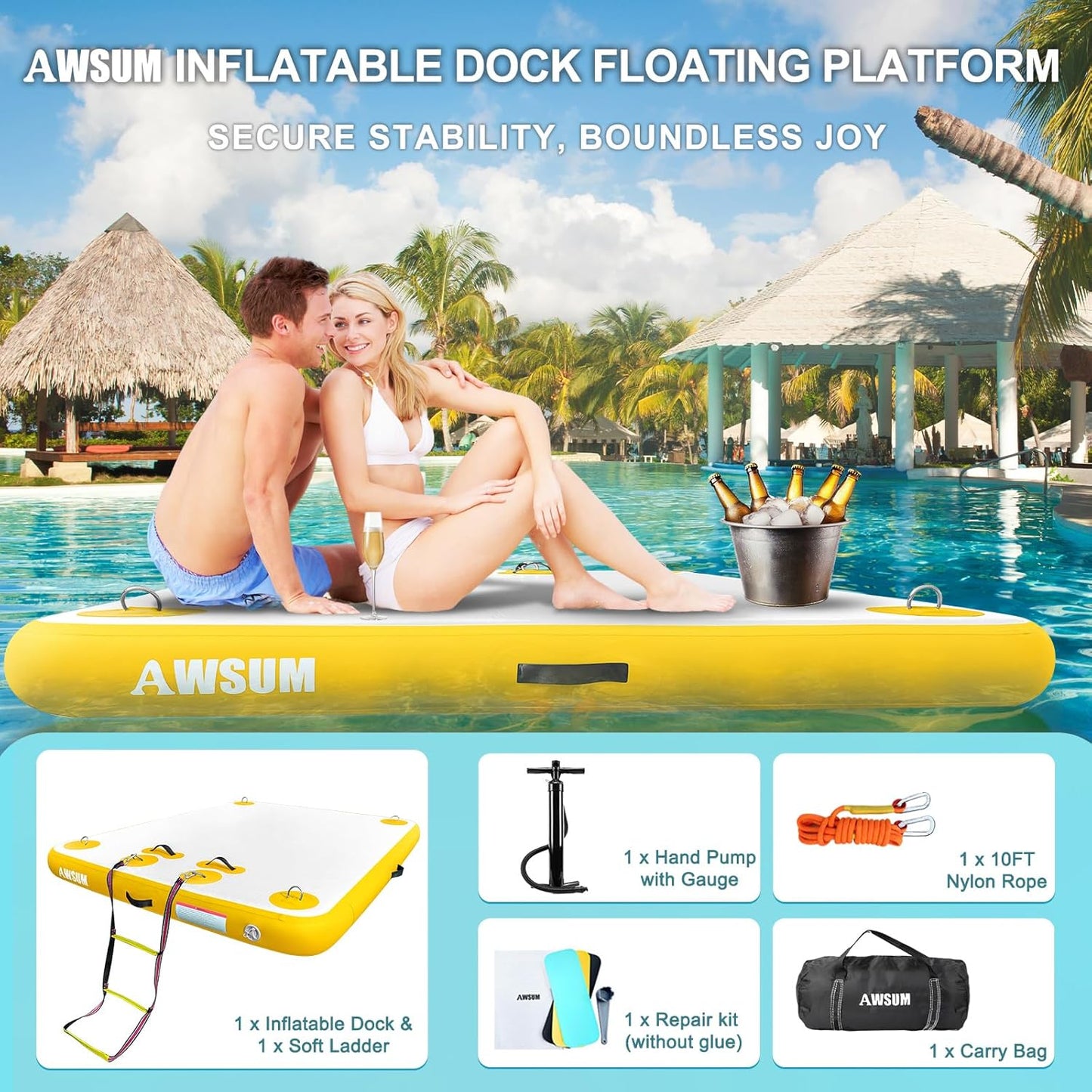 Inflatable Floating Dock Air Dock Platform Floating Island Raft with None-Slip Surface for Pool Beach Ocean