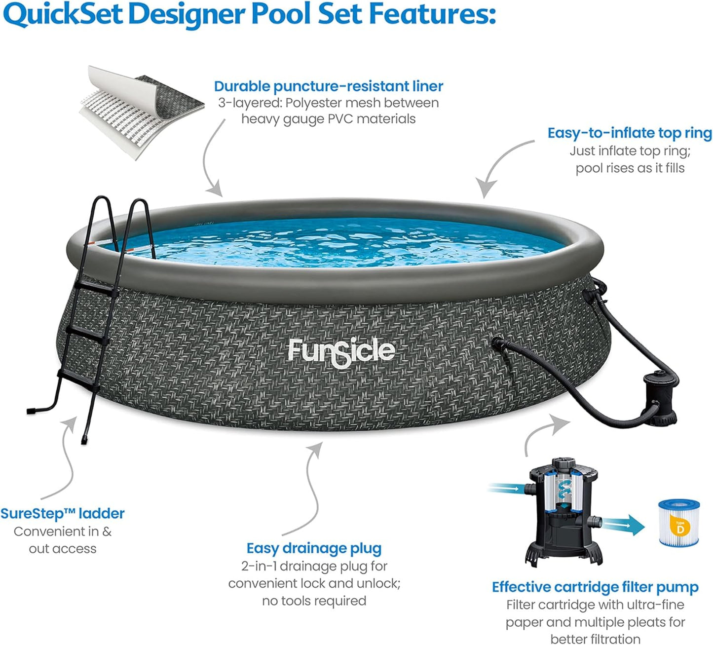 12 Foot by 36 Inch Quickset Round Inflatable Ring Top Outdoor Above Ground Swimming Pool Set with Pump and Cartridge Filter, Dark Herringbone