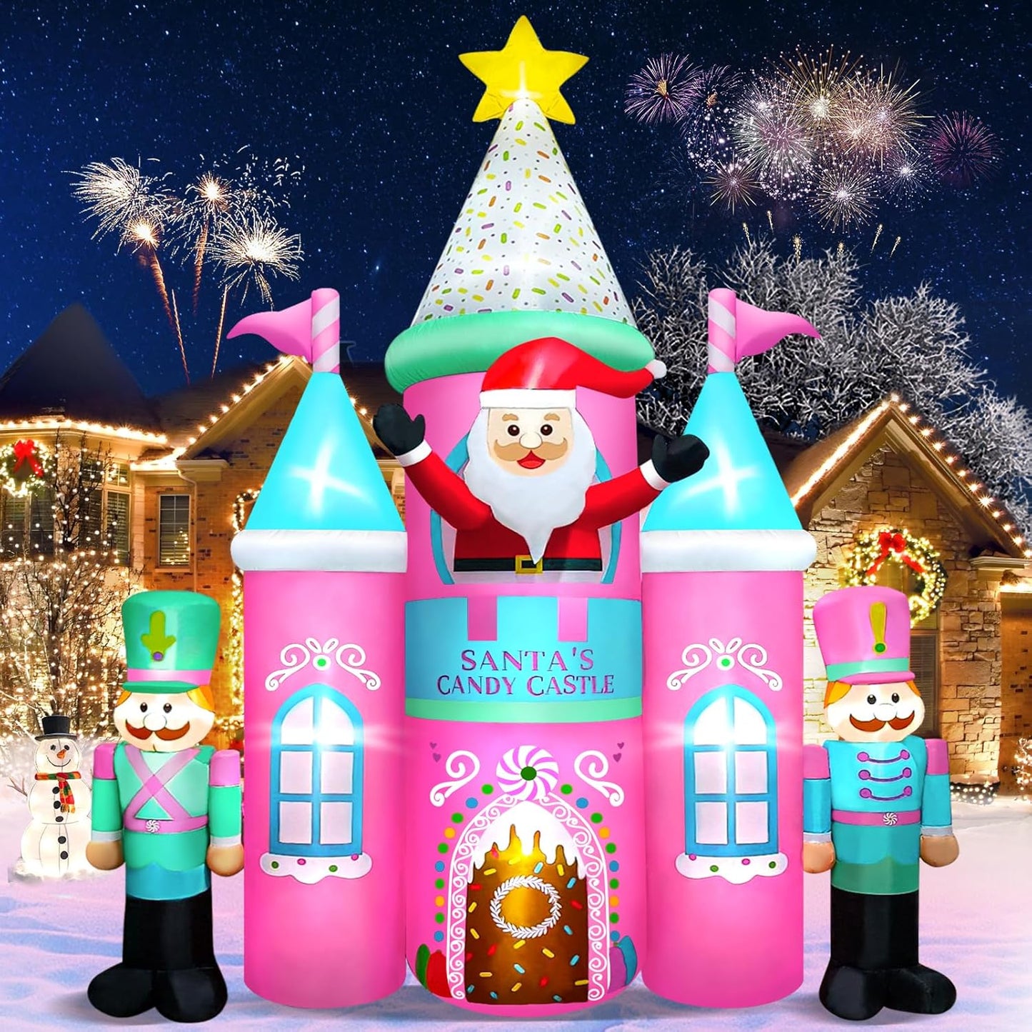 10-foot inflatable Christmas candy castle toy, equipped with Santa Claus, puppets and LED lights, suitable for decoration in gardens, lawns and flower beds.