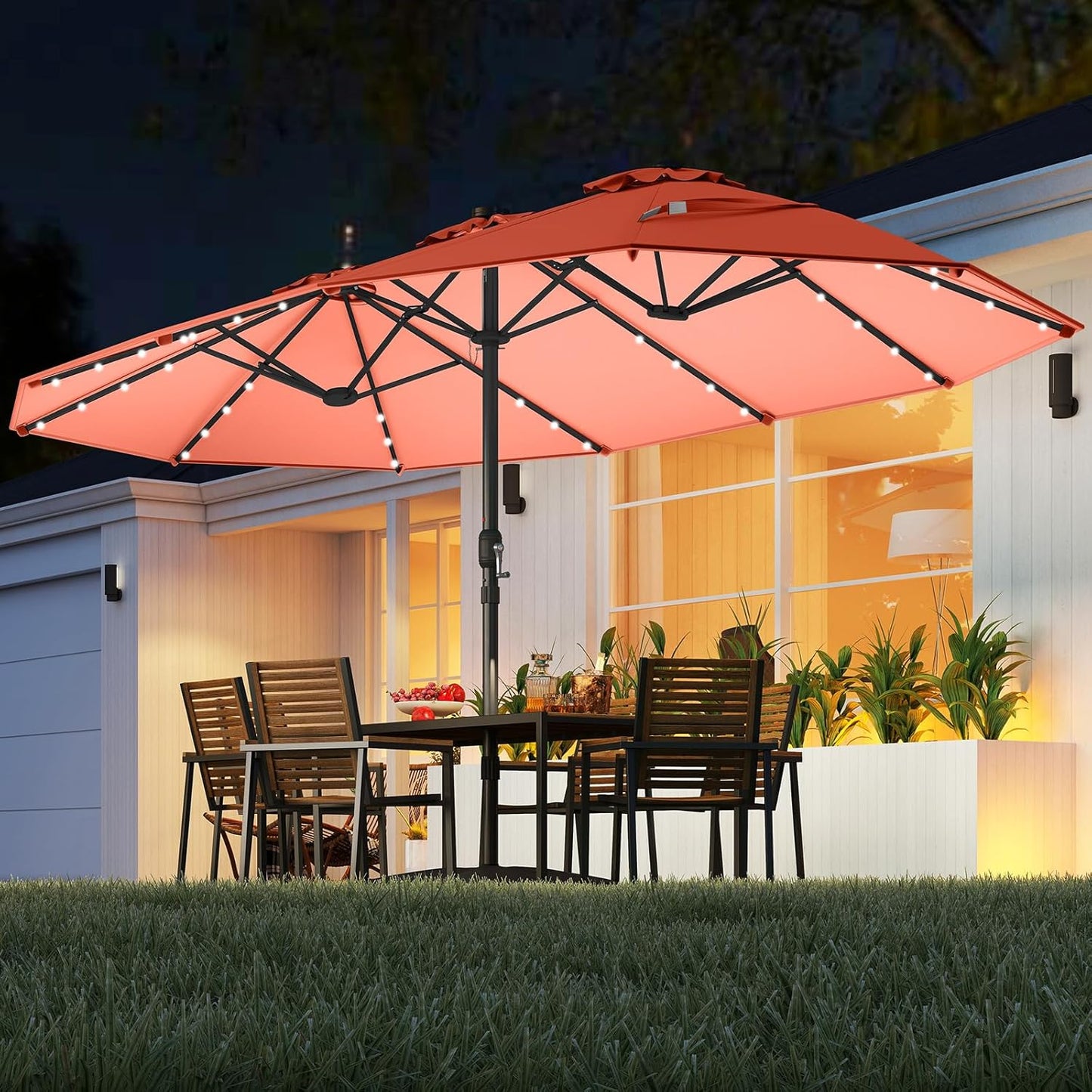 15-foot double-sided courtyard sunshade umbrella, equipped with solar lights, large-sized canopy / with 48 built-in LED lights and an automatic charging solar panel, outdoor double-person market sunshade umbrella, with heavy-duty base support支架