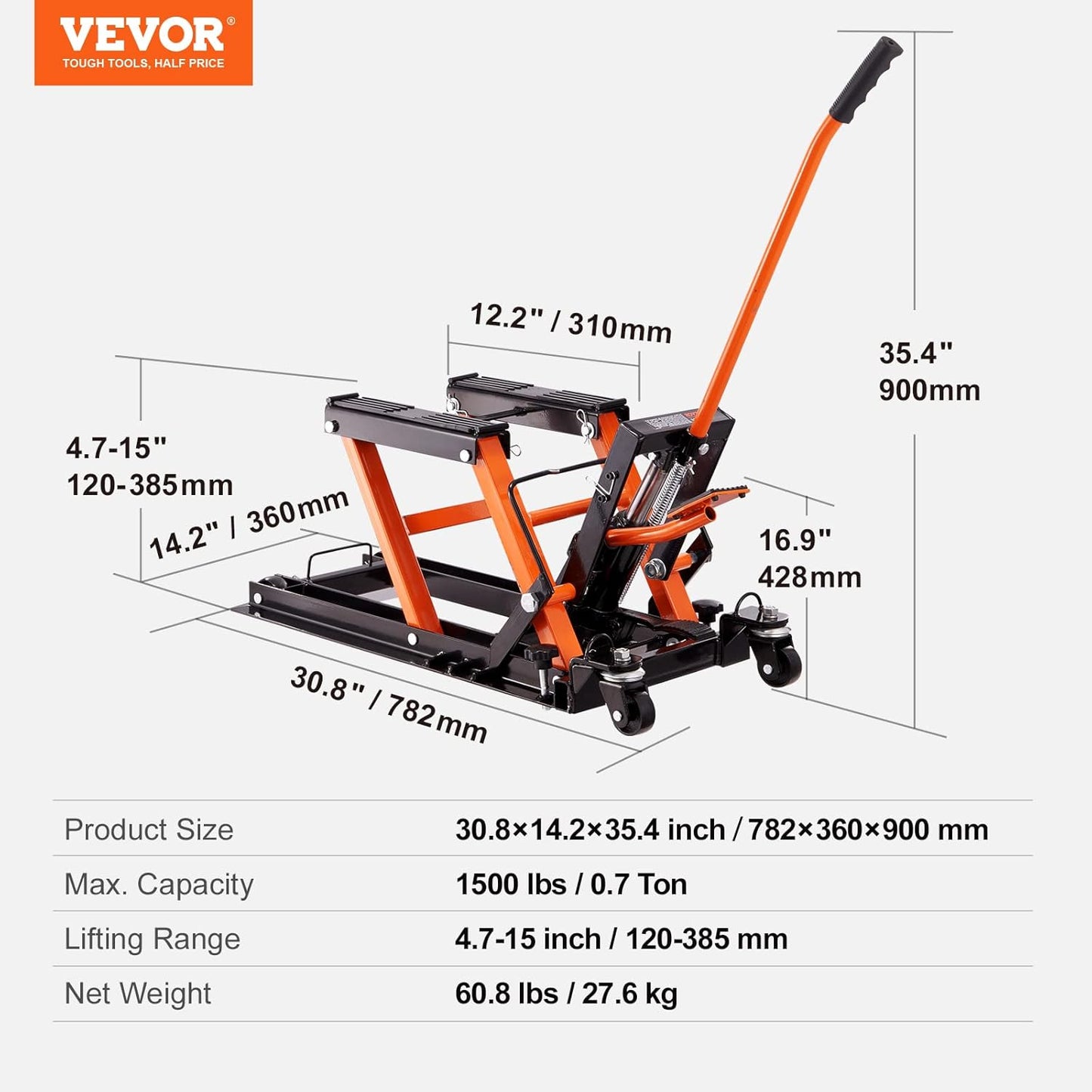 Hydraulic Motorcycle Lift Jack 1500 LBS Capacity ATV Scissor Lift Jack Portable Motorcycle Lift Table with 4 Wheels Hydraulic Foot-Operated Hoist Stand for Motorcycle ATV UTV Powersports