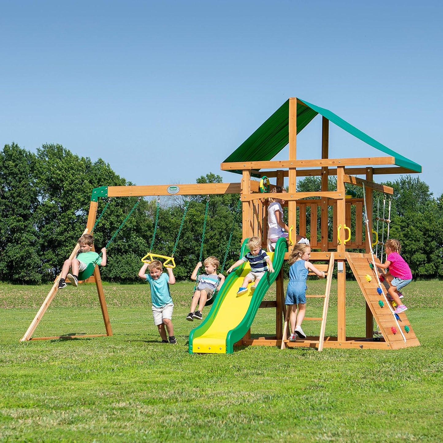 Cedar Wood Swing Set with Wave Slide, Play Deck, Double Rock Wall, Rope Ladder, Web Swing, Belt Swings, Toy Telescope, Steering Wheel, Sandbox Area, Outdoor Playset