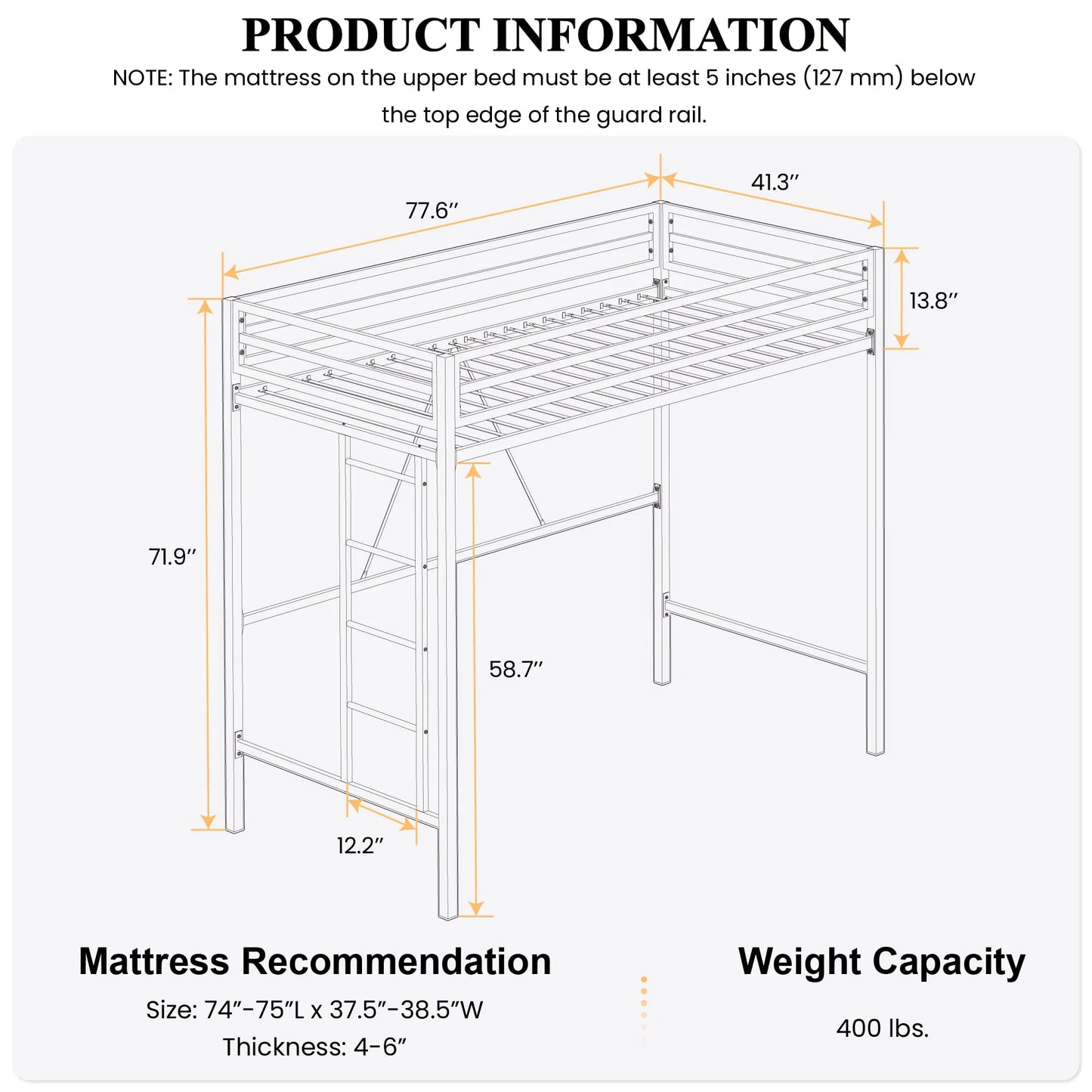 Junior Loft Bed Twin Size, Heavy Duty Twin Bed Frame