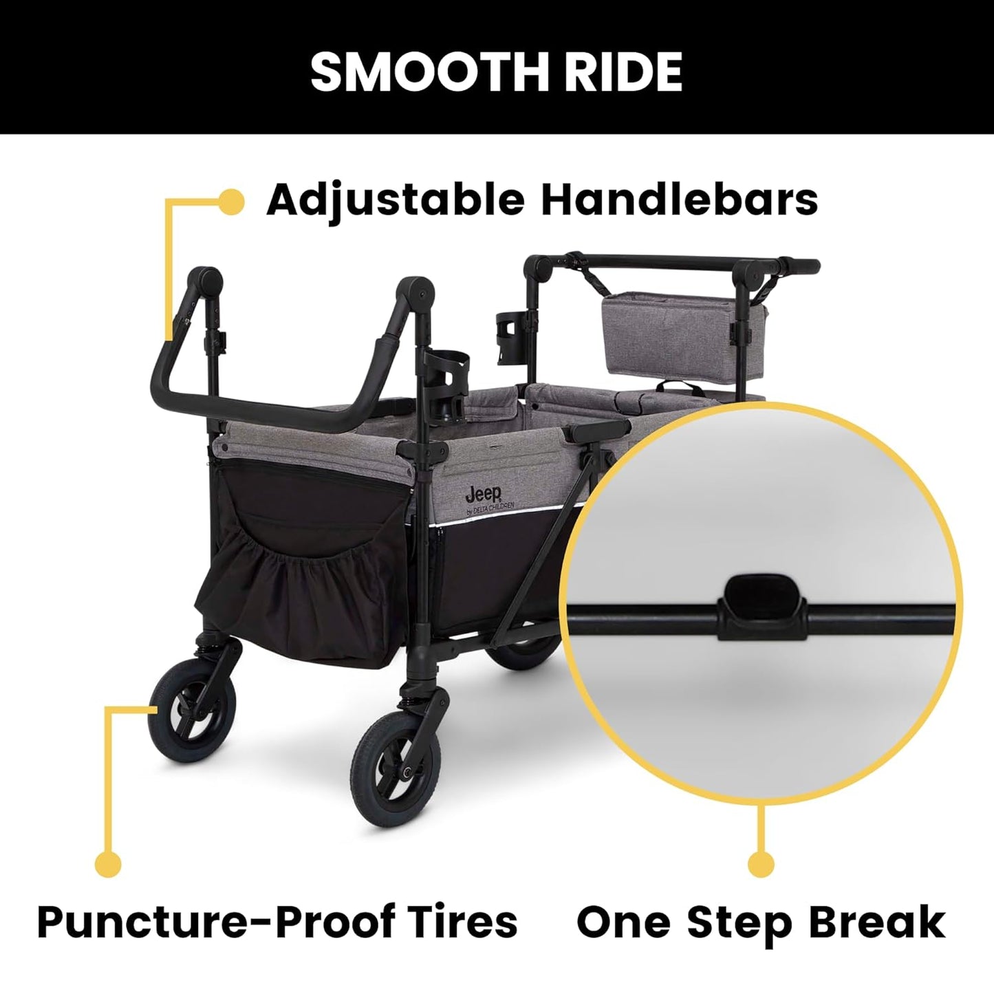 Luxurious 4-seater children's stroller - A high-end 4-seater children's stroller specially designed for 4 children, equipped with convertible seats, adjustable push-pull handles, detachable sunshade, and flat folding device. The color is grey.