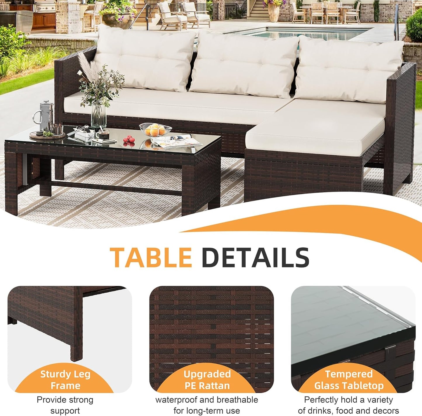 Outdoor Patio Furniture Sets, Wicker Patio sectional Sets 3-Piece, All Weather Wicker Rattan Patio Seating Sofas with Glass Coffee Table and Cushion (Beige)