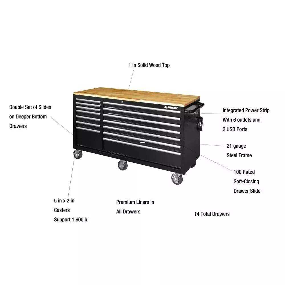 62 IN. 14-DRAWER MOBILE WORKBENCH WITH SOLID WOOD TOP, BLACK