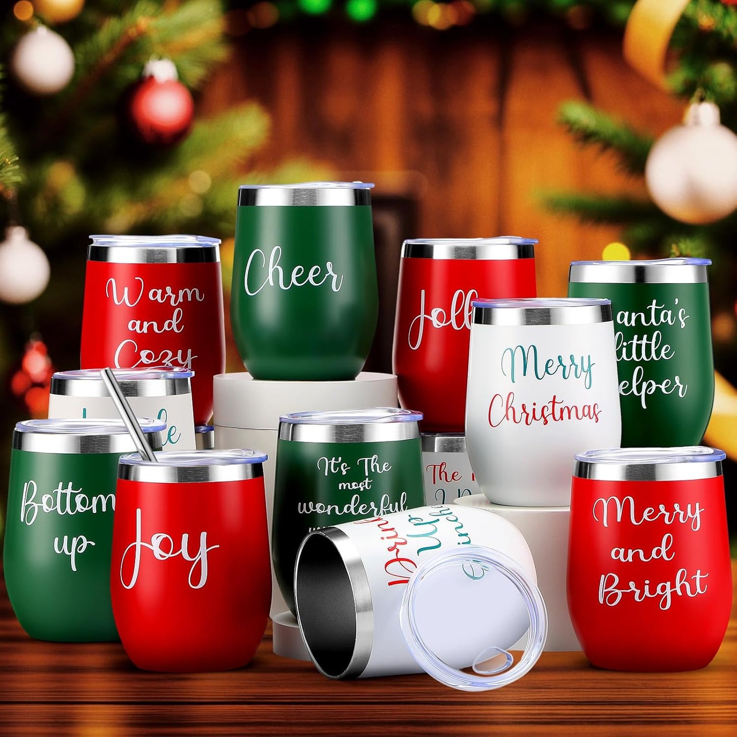 12-piece Christmas wine glass set, 12-ounce stainless steel double-layer vacuum insulated coffee cup without handle, with lid, straw, brush, suitable for women and men as gifts for travel (description)