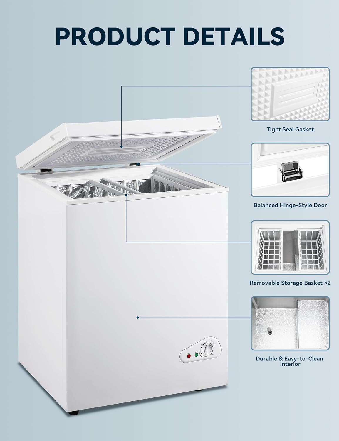 7.0 Cu Ft Chest Freezer - Energy Efficient & Quiet Mini Freezer with Adjustable Thermostat - Compact Deep Freezer for Home, Apartment, and Garage - Removable Basket & Defrost Drain