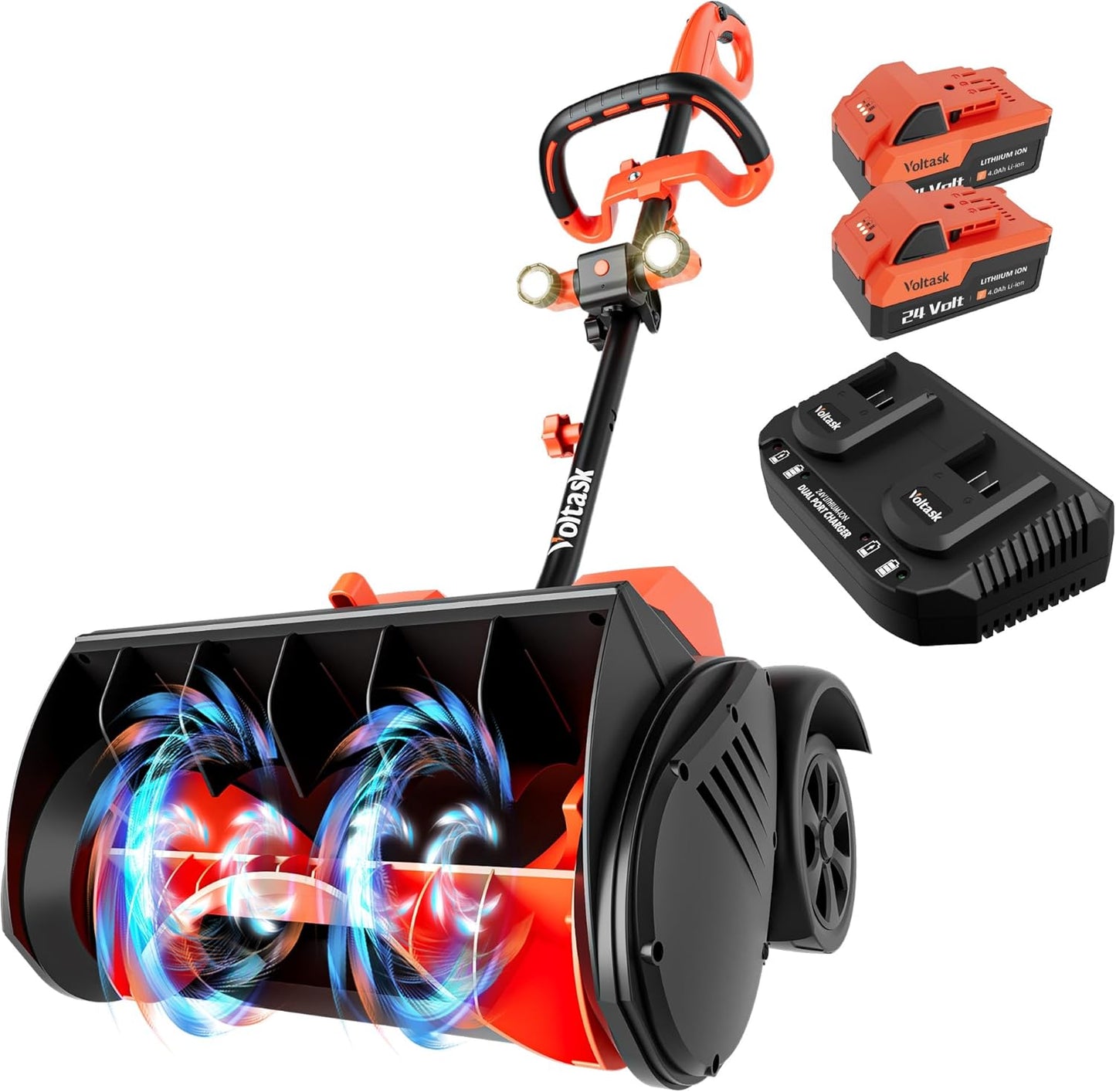 Cordless Snow Shovel with Wheels, 48V | 16-Inch | 4-Ah Brushless Cordless Snow Blower, Battery Snow Blower with Directional Plate & LED Lights (2 * 24V Battery & Dual Quick Charger Included)
