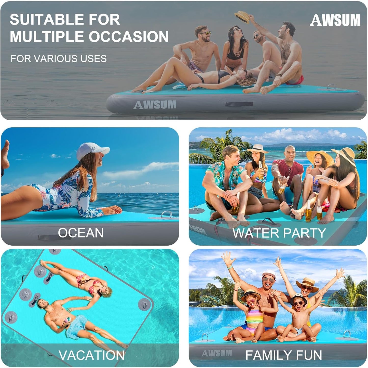 Inflatable Floating Dock Air Dock Platform Floating Island Raft with None-Slip Surface for Pool Beach Ocean