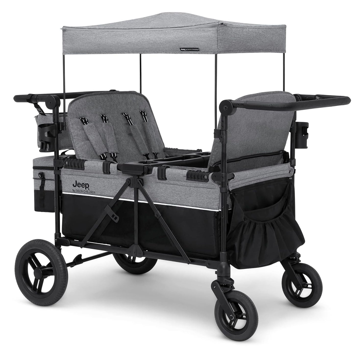 Luxurious 4-seater children's stroller - A high-end 4-seater children's stroller specially designed for 4 children, equipped with convertible seats, adjustable push-pull handles, detachable sunshade, and flat folding device. The color is grey.