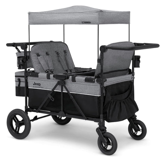 Luxurious 4-seater children's stroller - A high-end 4-seater children's stroller specially designed for 4 children, equipped with convertible seats, adjustable push-pull handles, detachable sunshade, and flat folding device. The color is grey.