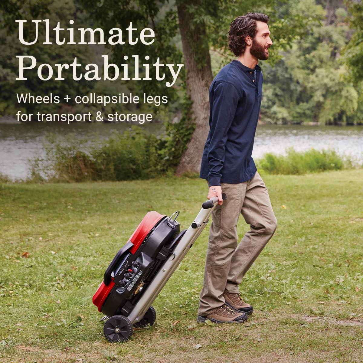 RoadTrip Portable Stand-Up Propane Grill with 3 Adjustable Burners & Instastart Ignition, 20,000 BTUs of Power for Outdoor Cooking