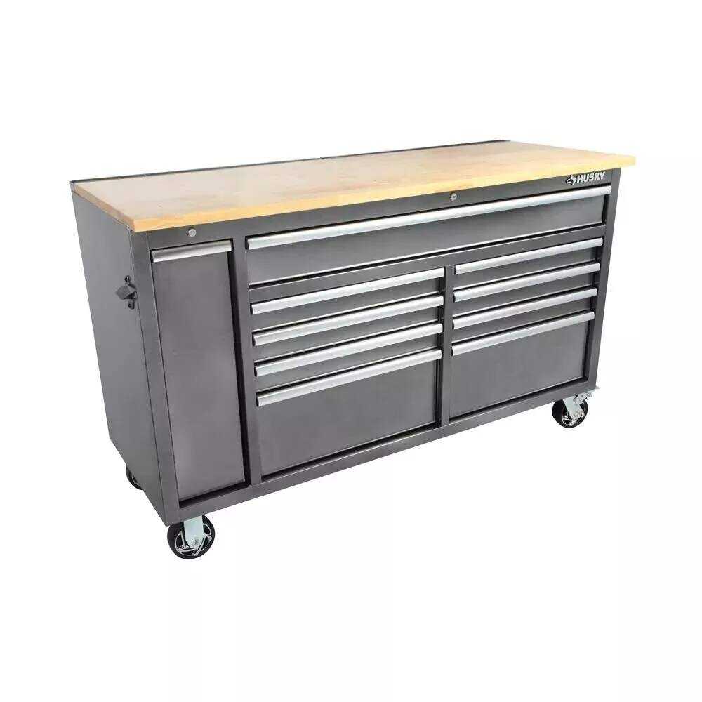Husky 72 in. x 24 in. D Standard Duty 18-Drawer Mobile Workbench Tool Chest with Solid Wood Top in Stainless Steel