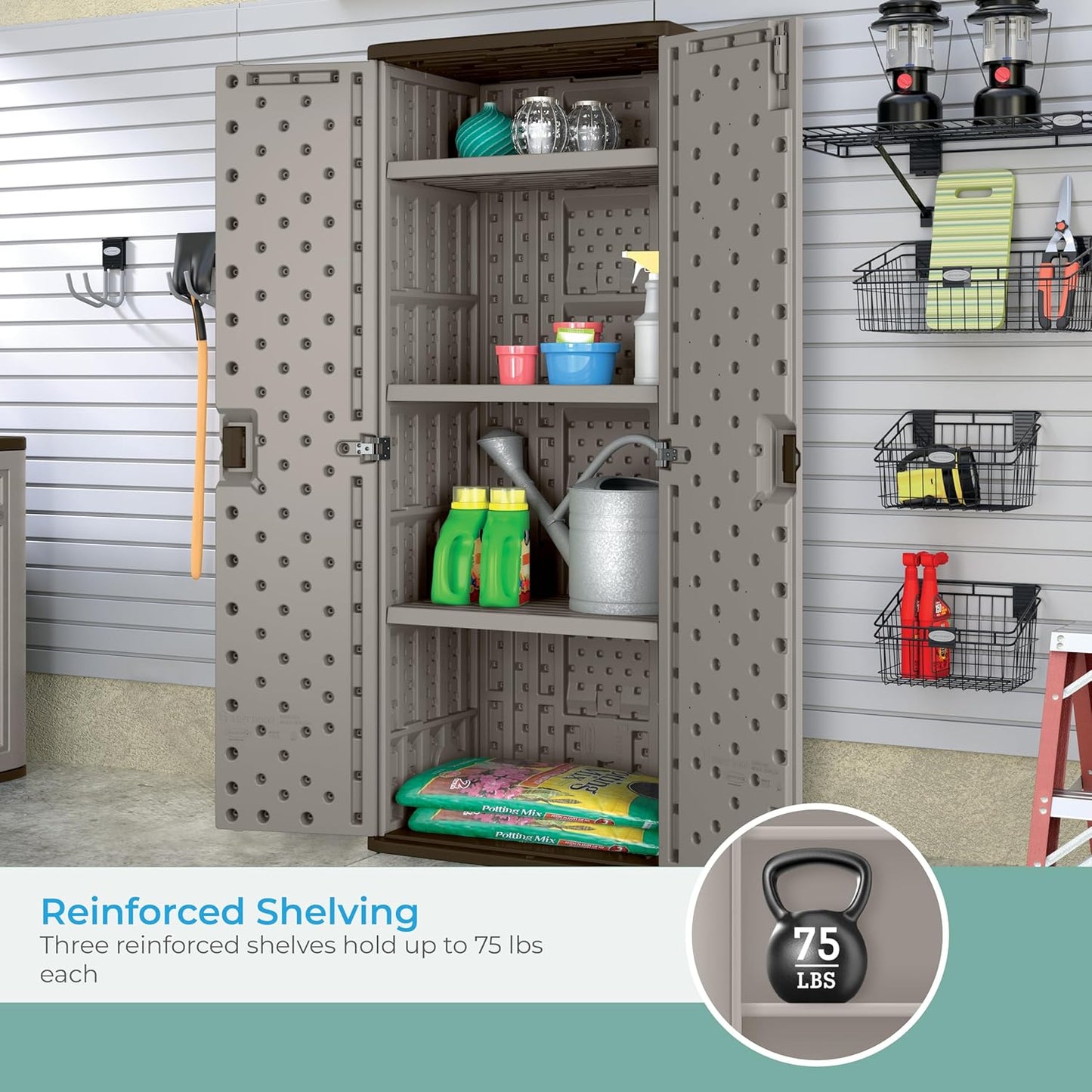 72-Inch Platinum Resin Storage Cabinet with Durable Double-Wall Construction, and Metal-Reinforced Shelves for Basement, Utility Room and Garage Storage, Platinum, Made in the USA