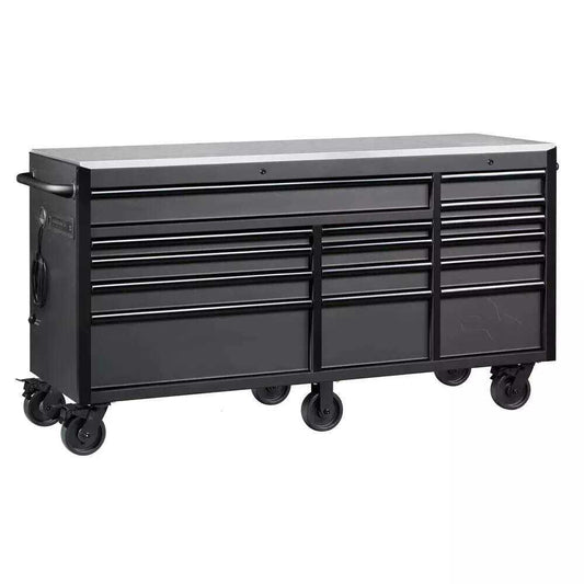 HEAVY-DUTY 72 IN. W 15-DRAWER, DEEP TOOL CHEST MOBILE WORKBENCH IN MATTE BLACK WITH STAINLESS STEEL TOP AND DUAL LOCKS