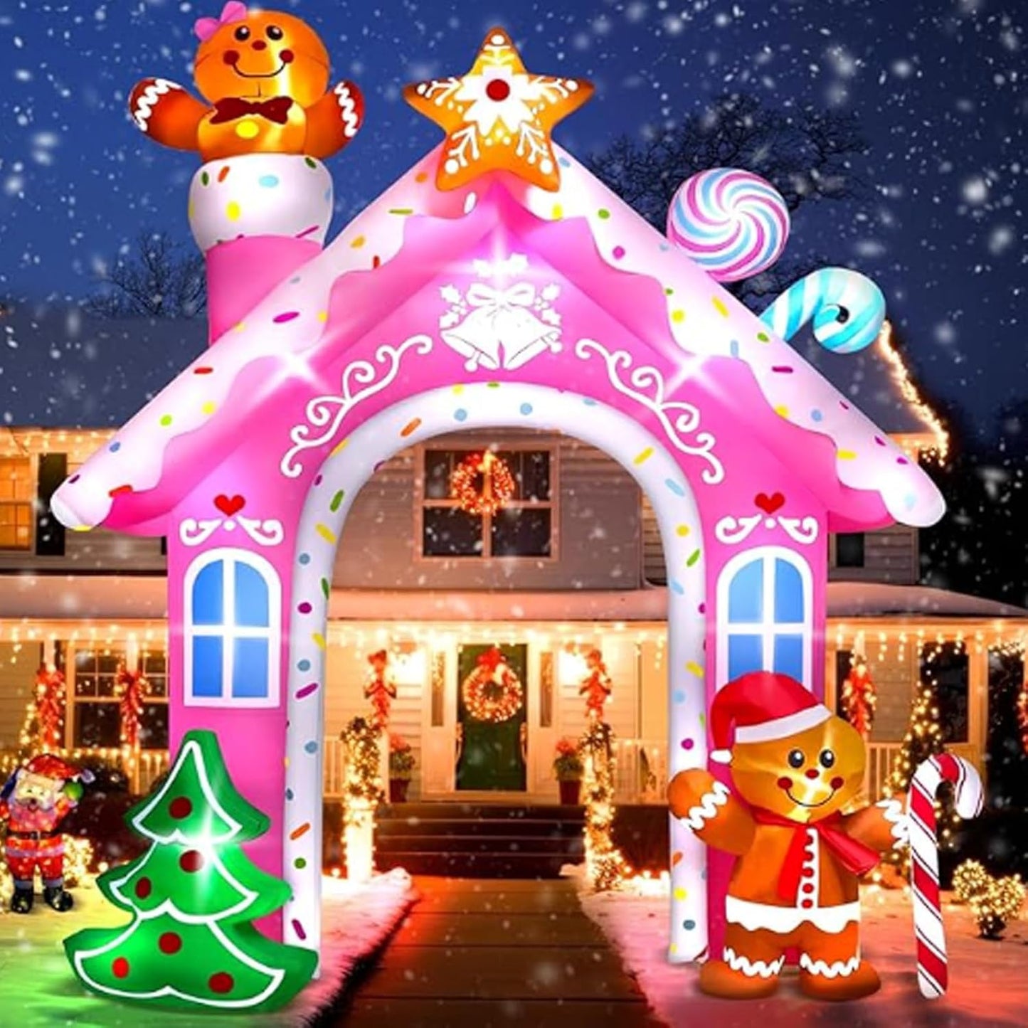 12 Foot Built-in LED Light, Large Pink Gingerbread Man Arch, Inflatable Outdoor Decoration, Santa Claus Home Decoration