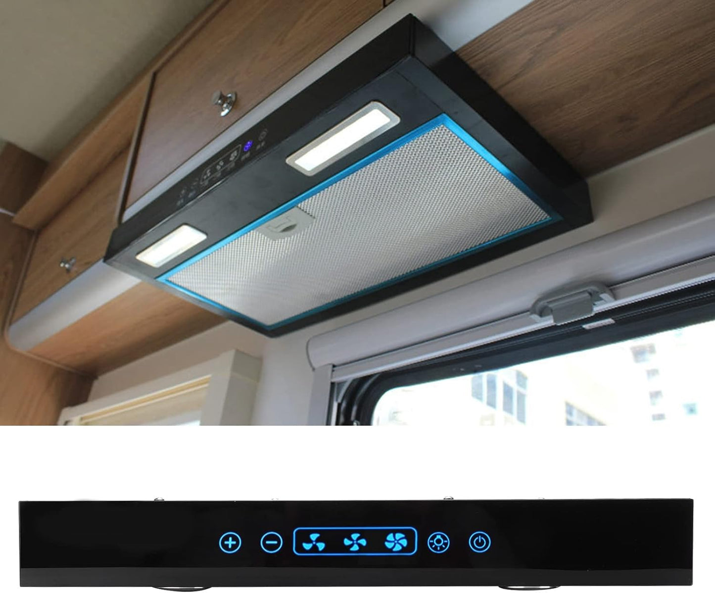 12V high-pressure gas oven exhaust fan, small cooking exhaust fan, three-speed adjustment, with touch screen LED light, portable kitchen stove exhaust hood, non-pipe type stove exhaust device, suitable for campers, trailers and yachts.