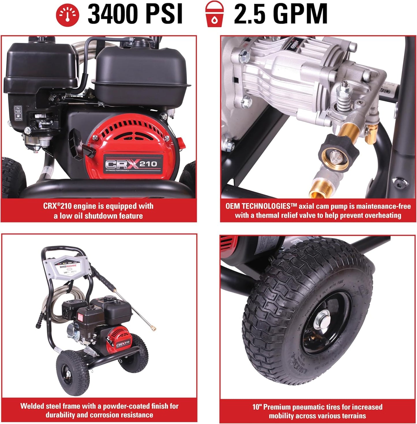 Cleaning CM61083 Clean Machine 3400 PSI Gas Pressure Washer, 2.5 GPM, CRX Engine, Includes Spray Gun and Wand, 4 QC Nozzle Tips, 5/16-in. x 25-ft. MorFlex Hose.