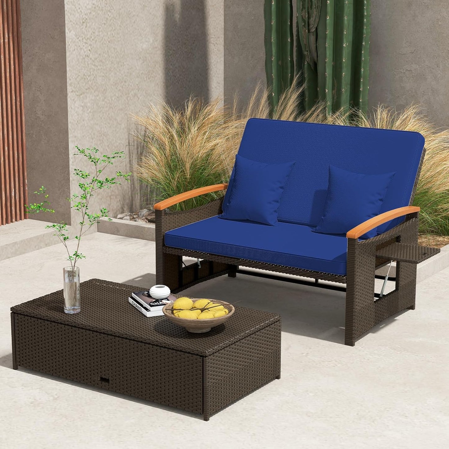 Moccha Outdoor Wicker Daybed, Patio Rattan Loveseat Sofa w/ 4-Level Adjustable Backrest, Folding Panels, Storage Ottoman & Cushions, Lounge Furniture Set for Poolside Backyard Porch (Beige)