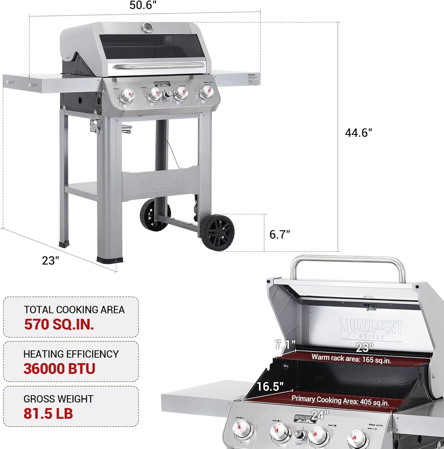 Grills 4-Burner Liquid Propane Gas Grill, Silver Stainless Steel Grill Outdoor Patio Garden Barbecue Grill with Clearview庐 Lid and One Foldable Shelf, Mesa400MF