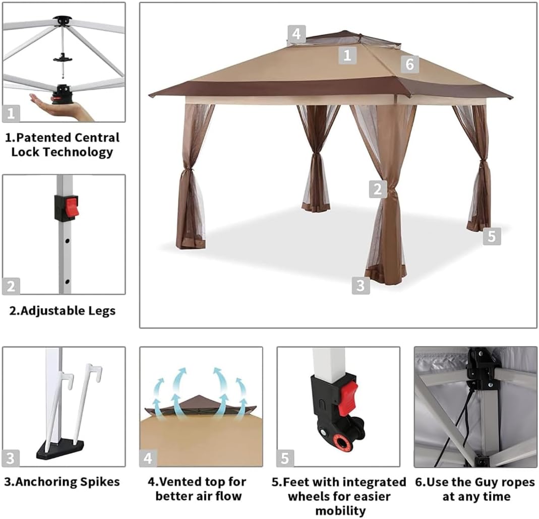 CROWN SHADES 13x13 Pop Up Gazebo, Canopy Tent, Gazebos on Clearance - Outdoor Gazebo for Backyard & Patio Furniture - Carpa Pop Up Tent with Wheeled STO-N-Go Cover Bag (Beige & Coffee)