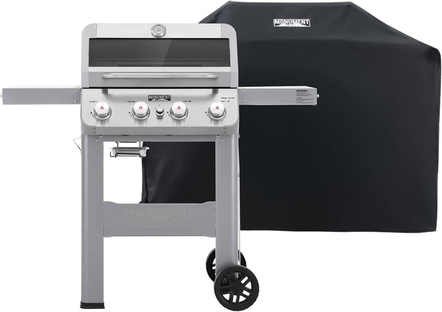 Grills 4-Burner Liquid Propane Gas Grill, Silver Stainless Steel Grill Outdoor Patio Garden Barbecue Grill with Clearview庐 Lid and One Foldable Shelf, Mesa400MF