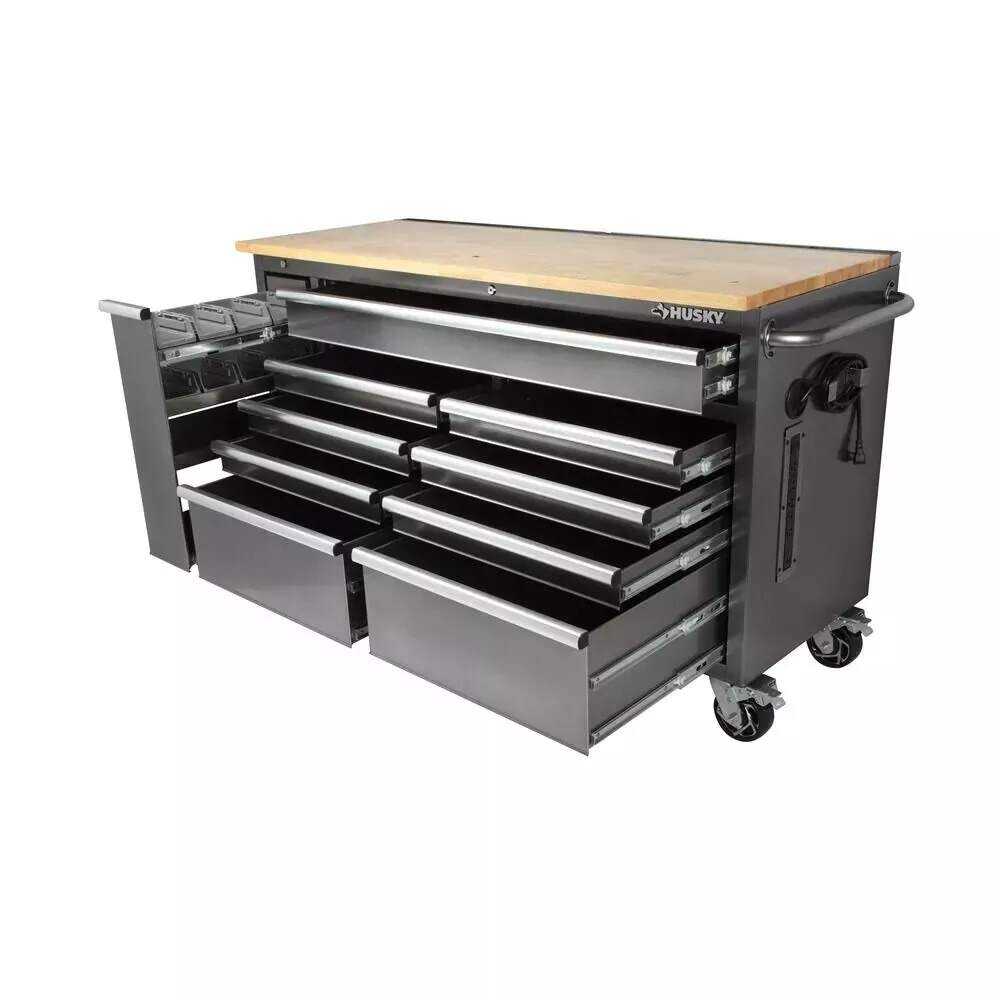 Husky 72 in. x 24 in. D Standard Duty 18-Drawer Mobile Workbench Tool Chest with Solid Wood Top in Stainless Steel