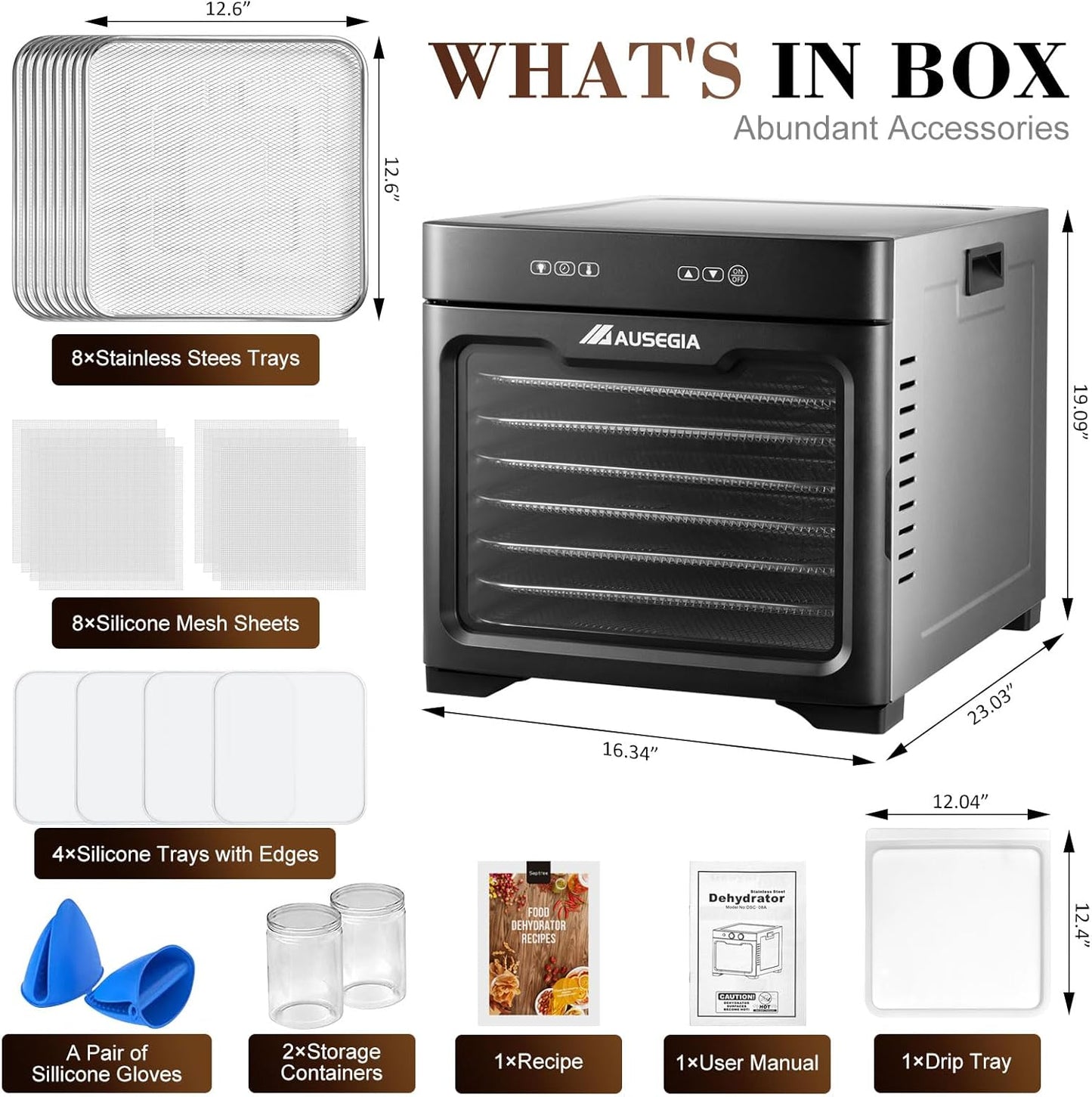 Commercial Large 12 Trays Food Dehydrator, Usable Area up to 22.67ft, 1200W Full Stainless Steel Dryer Machine, up to 190�� Temperature, for Meat, Fruit, Veggies, Beef, Herbs, Pet Foods