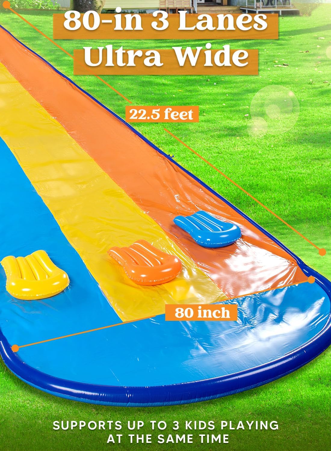 Sloosh Triple Water Slide with 3 BodyBoards, 22.5FT Lawn Water Splash Slip and Slide Summer Toy Splash Pad with Build in Advanced Sprinkler for Kids Adults Backyard Summer Water Fun