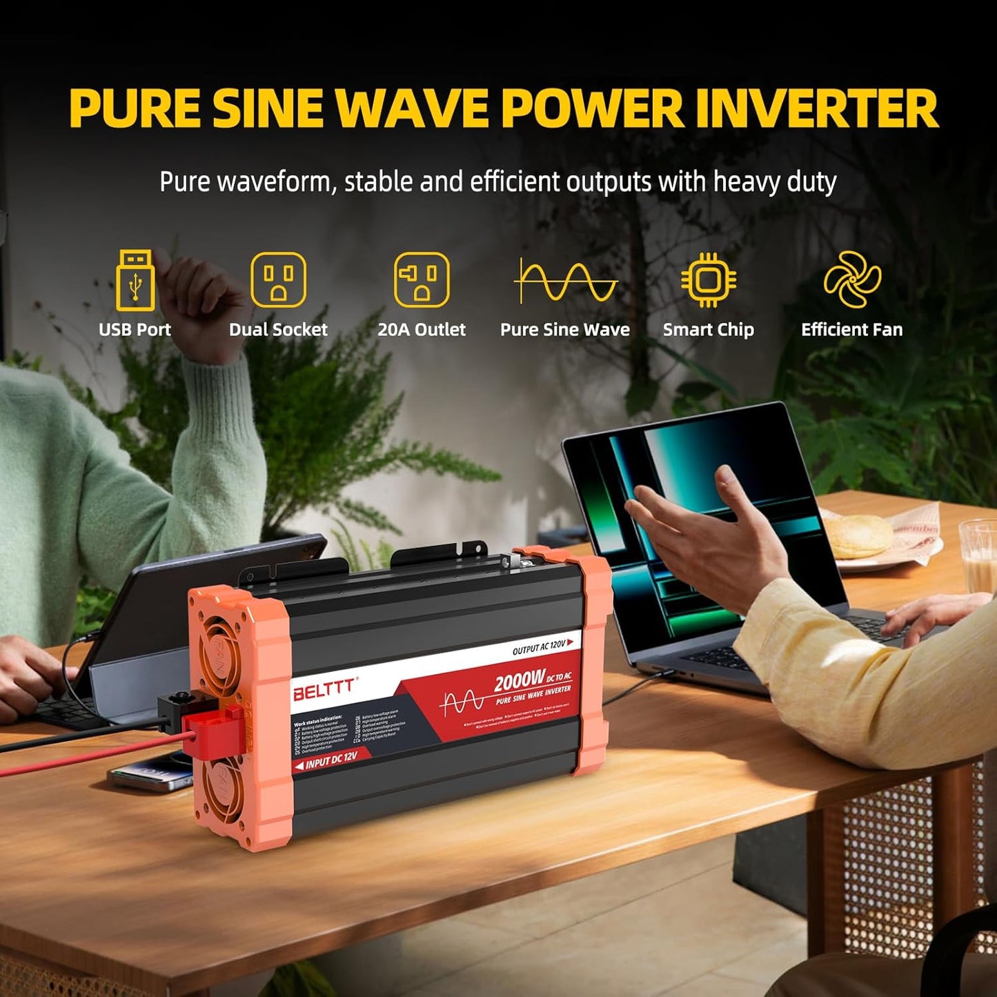 2000W Pure Sine Wave Inverter, Car Power Inverter 12V to 120V AC Converter for RV, Truck, Solar, Outdoor with Dual AC and 20A Socket, 5V 2.1A USB, Surge 4000W, Hardwire Port, Remote Controller